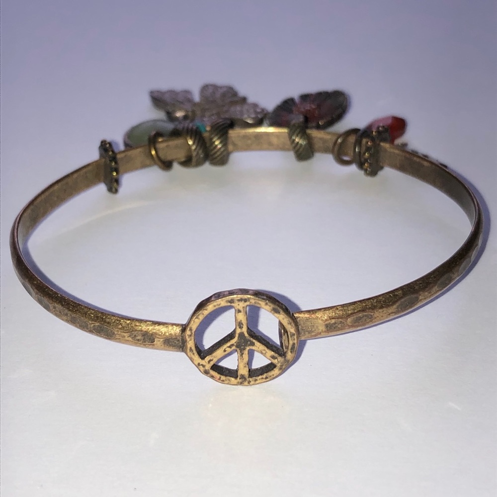 Lucky Brand Peace Sign Charm Bracelet Boho Festival Brass